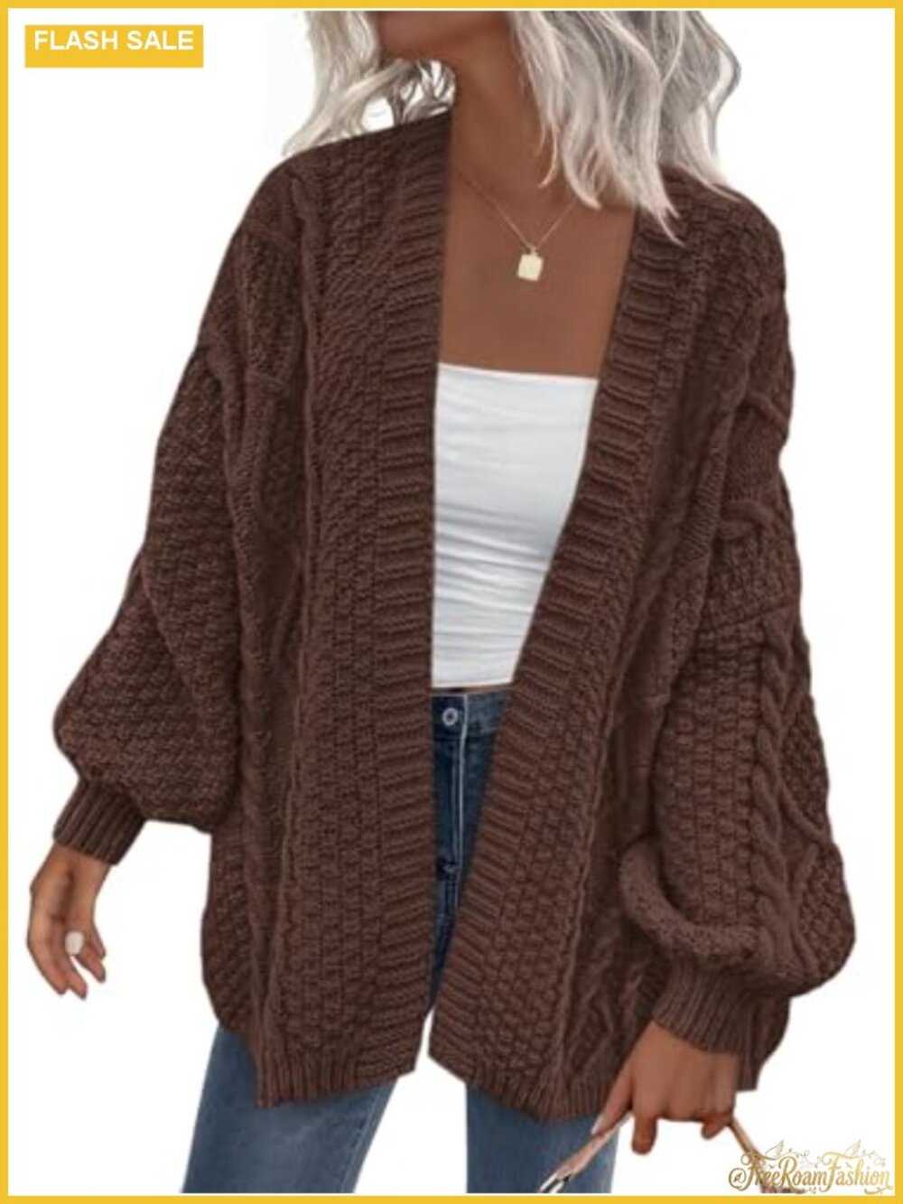 Women's Cable Knit Open Front Long Sleeve Chunky Cardigan Sweater